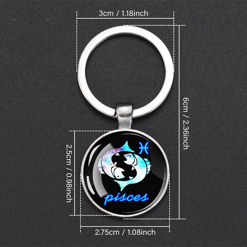 Luminous 12 Constellation Zodiac Signs Keychain Two-Sided Glass Pendant Key Chain Glow in The Dark Keyring Jewelry Birthday Gift