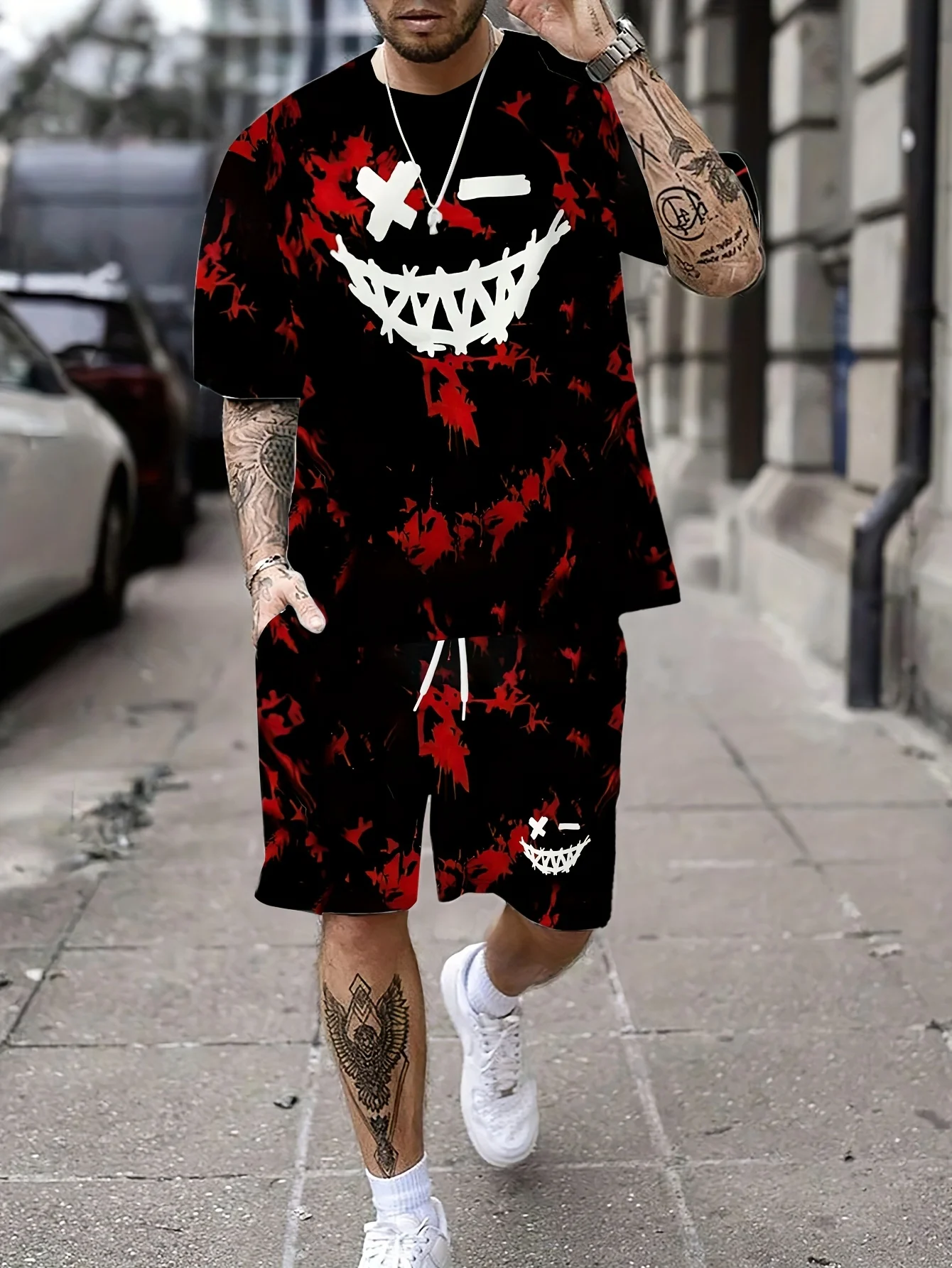 

The 2025 summer new men's suit is a casual 3d printed and comical smiley face pattern fashionable street sportswear