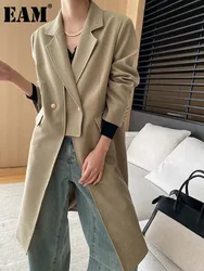 [EAM] Frauen Khaki Unregelmäßige Gespleißt Lange Große Größe Blazer Neue Revers Langarm Jacke Mode Flut Frühling Herbst 2024 1DH6851