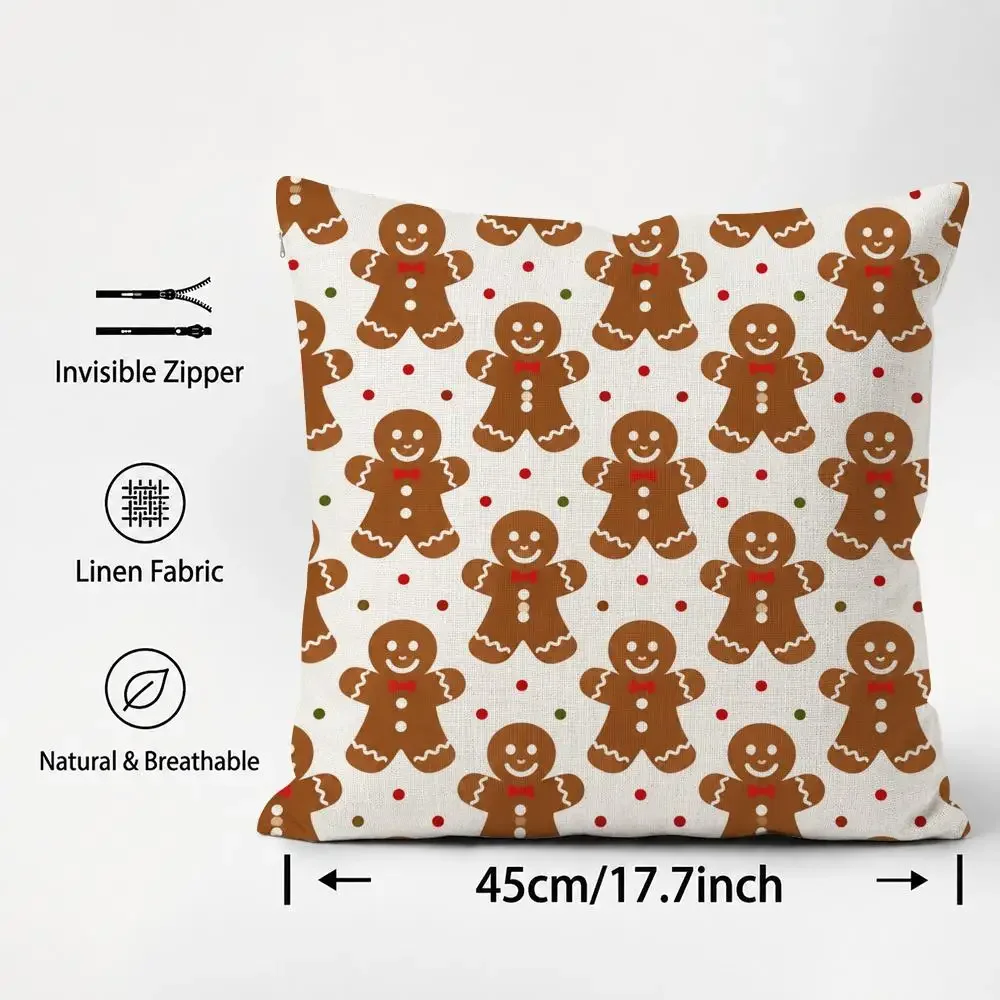 Cute Gingerbread Man Candy Cane Scatter Cushion Cover Cushion Covers Natural Linen Breathable Sofa Bedroom Decor Pillowcase