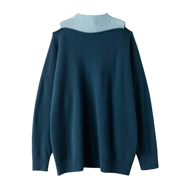 europe fashion patchwork oversized 100% cashmere loose sweater knitwear