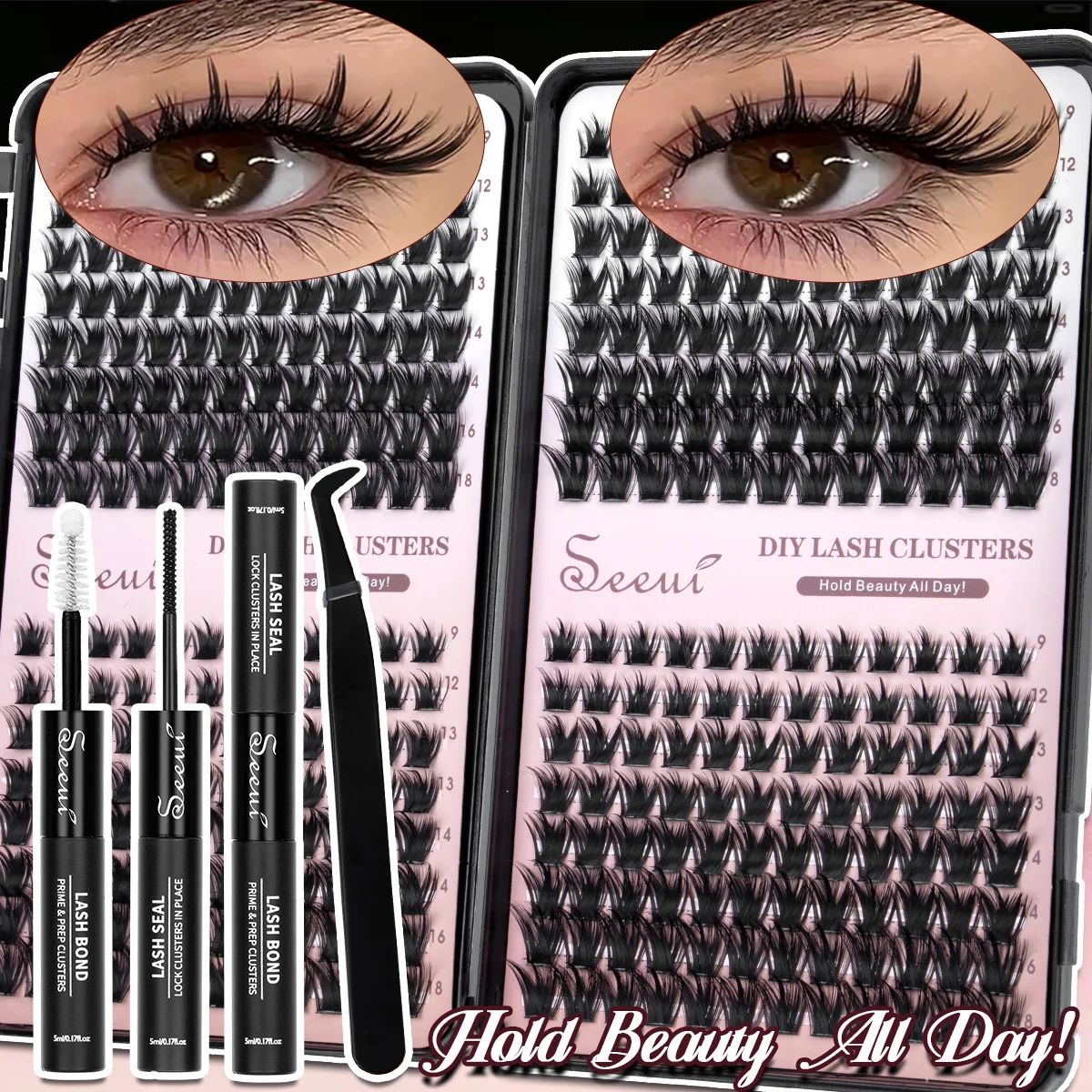 Wimpernbüschel-Set, Einzelne Wimpernbüschel-Verlängerungen, Wispy-Wimpern mit Wimpernkleber und Versiegelungsmittel sowie Pinzetten, Mix-Stile, Halloween – Detail 8