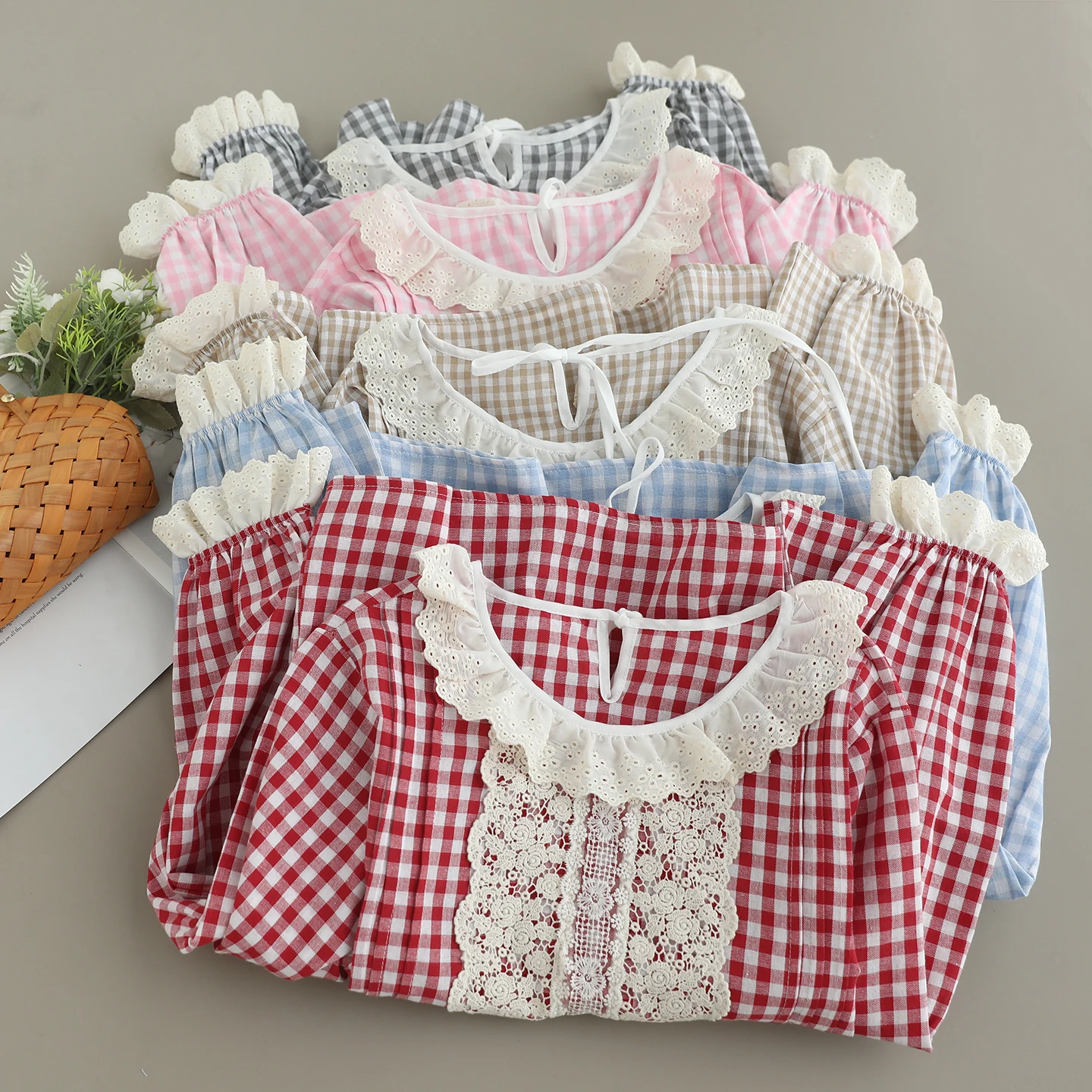 Japanse Zoete Mori Meisje Vintage Plaid Kant Patchwork Katoenen Shirts Vrouwen Herfst O-hals Lange Mouw Casual Losse Blouse Tops