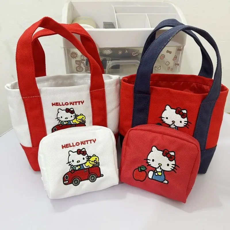

Hello Kitty Handbag Cute Printed Embroidered Mini Canvas Bag Cartoon Portable Large Capacity Travel Makeup Bag