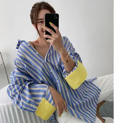 Spring and Autumn Contrast Striped Shirt Women's Loose Mid-Length Base Shirt Fashionable Casual Top