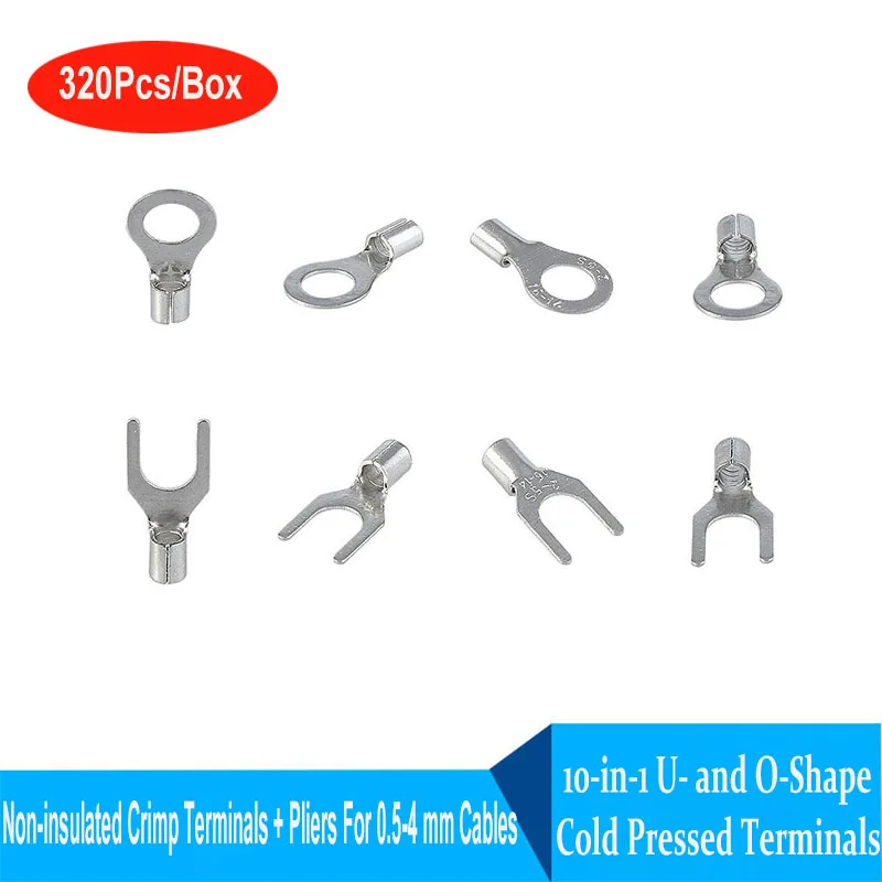 

320Pcs/Box OTUT Terminals Wire Connectors Non-Insulated Crimp Spade Cold Crimp Terminals + Pliers For 0.5-4mm Cables and Wires