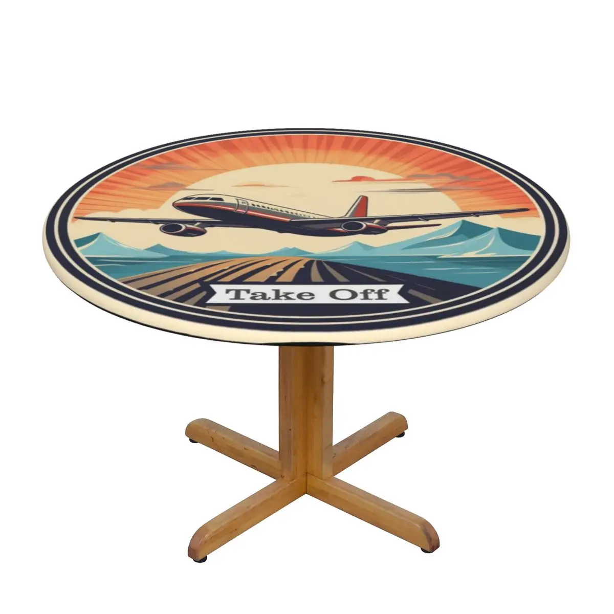 Vintage Airplane Taking Off Waterproof Round Tablecloth Oilproof Table Cloth for Kitchen Events Dining Table Cover
