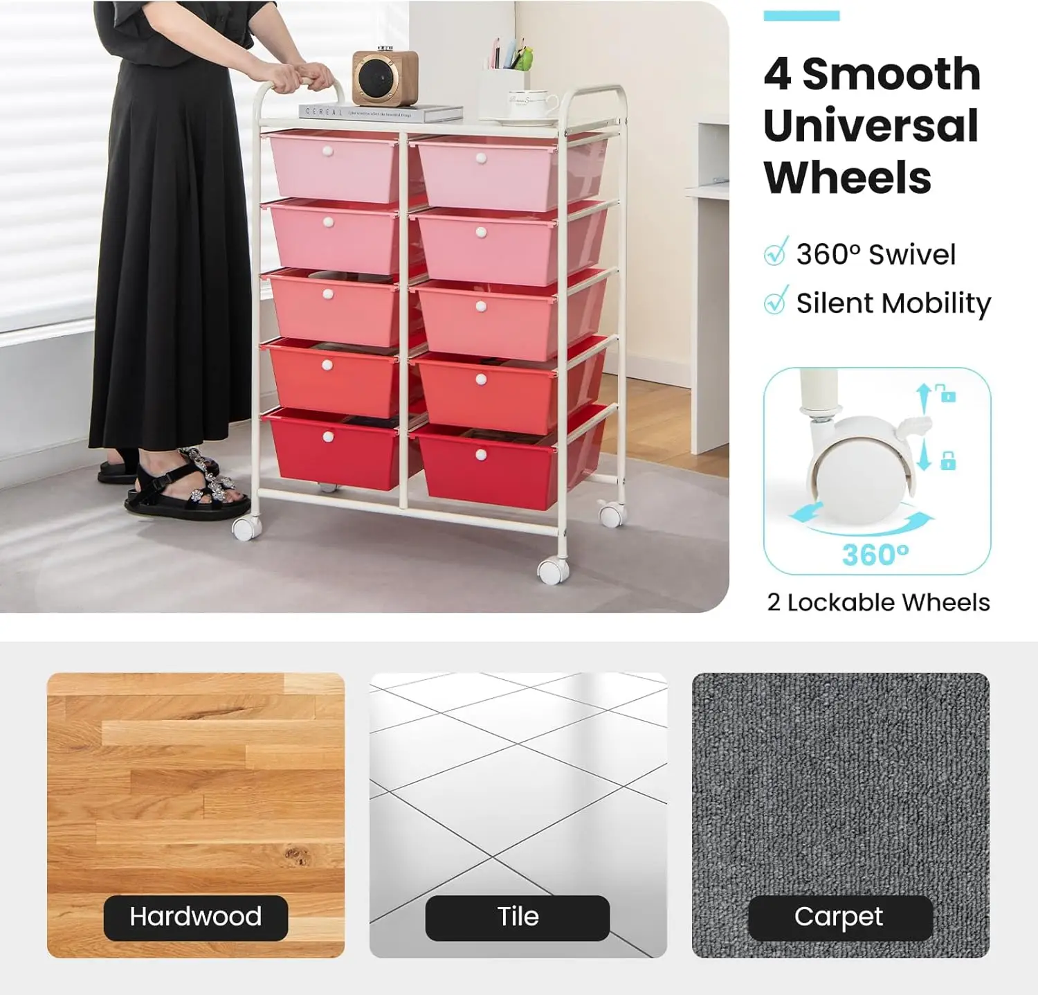 عربة أدوات بإطار معدني متعدد الأغراض مع 10 أدراج، وعربة تخزين متنقلة على عجلات عالمية للاستخدام متعدد الاستخدامات