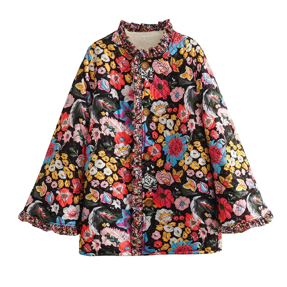 TWOTWINSTYLE Colorblock Printing Casual Coats For Women Round Neck Long Sleeve Patchwork Single Breasted Jackets Female Fashion