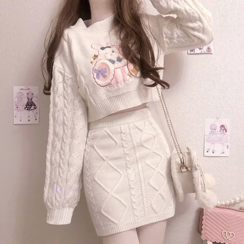 Y2K O-Neck Short Sweater Cartoon Embroidery Japan Style Kawaii Women Long Sleeve Pullovers White Knitted Skirts High Waist Sets