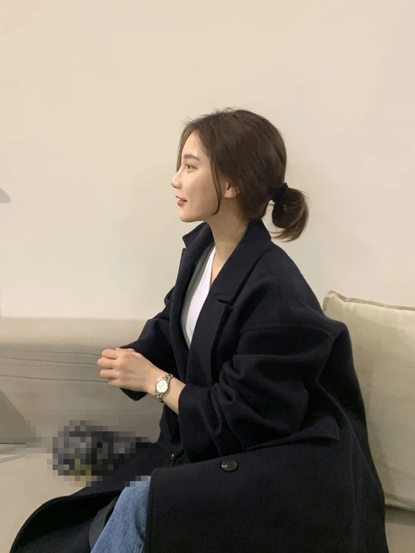 

Ele Winter Woolen Coat Women's Chic Double-breasted Loose Suit Collar ket Outerwear Trendy Long Sve Mid-length