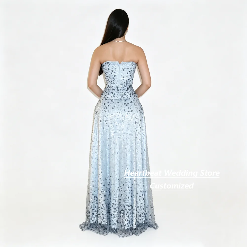 Customized Light Blue Strapless Sequin Mother Of The Bride Gown Mermaid Floor Length Formal Wedding Evening Party Dress