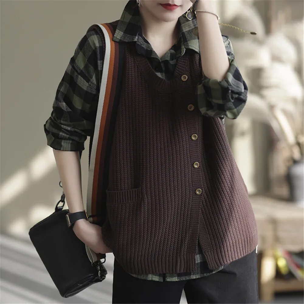 Spring Autumn 2024 Ladies knitting Sweater Vest Jacket Loose Sleeveless Women\'s Waistcoat  Fashion Female Pullover Clothing Tops