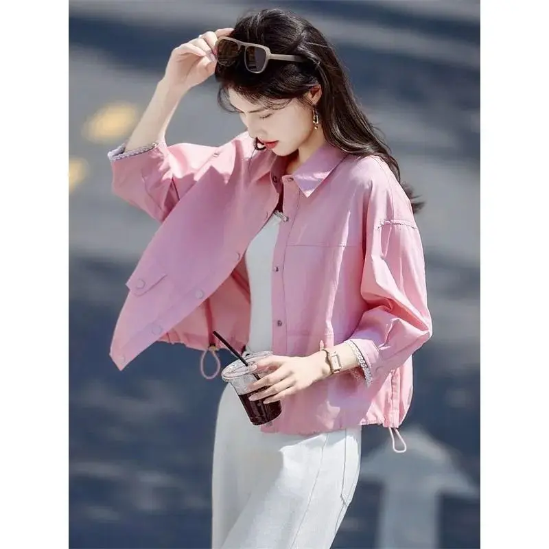 Spring Summer New Shirt Women's 2026lapel Single-breasted Coat Casual Loose Outwear Collar Short Overwear Female Top