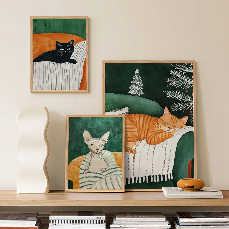 1pc frameless Canvas Painting Abstract Poster Cat Sleeping Animal Print Canvas Prints Green Stripes Cat Wall Art Posters for Mod