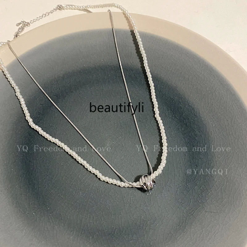 

Pearl Snake Bones Chain Double Layer Twin Beads Beaded Necklace Women's High Sense Clavicle Chain Neck Chain Accessories