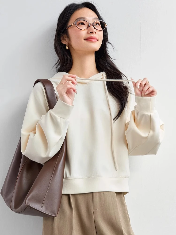 

VIMLY Apricot Hooded Pullover Sweater Women's Spring 2025 New Loose Outer Wear Versatile Long-sleeved Short Jacket A0188