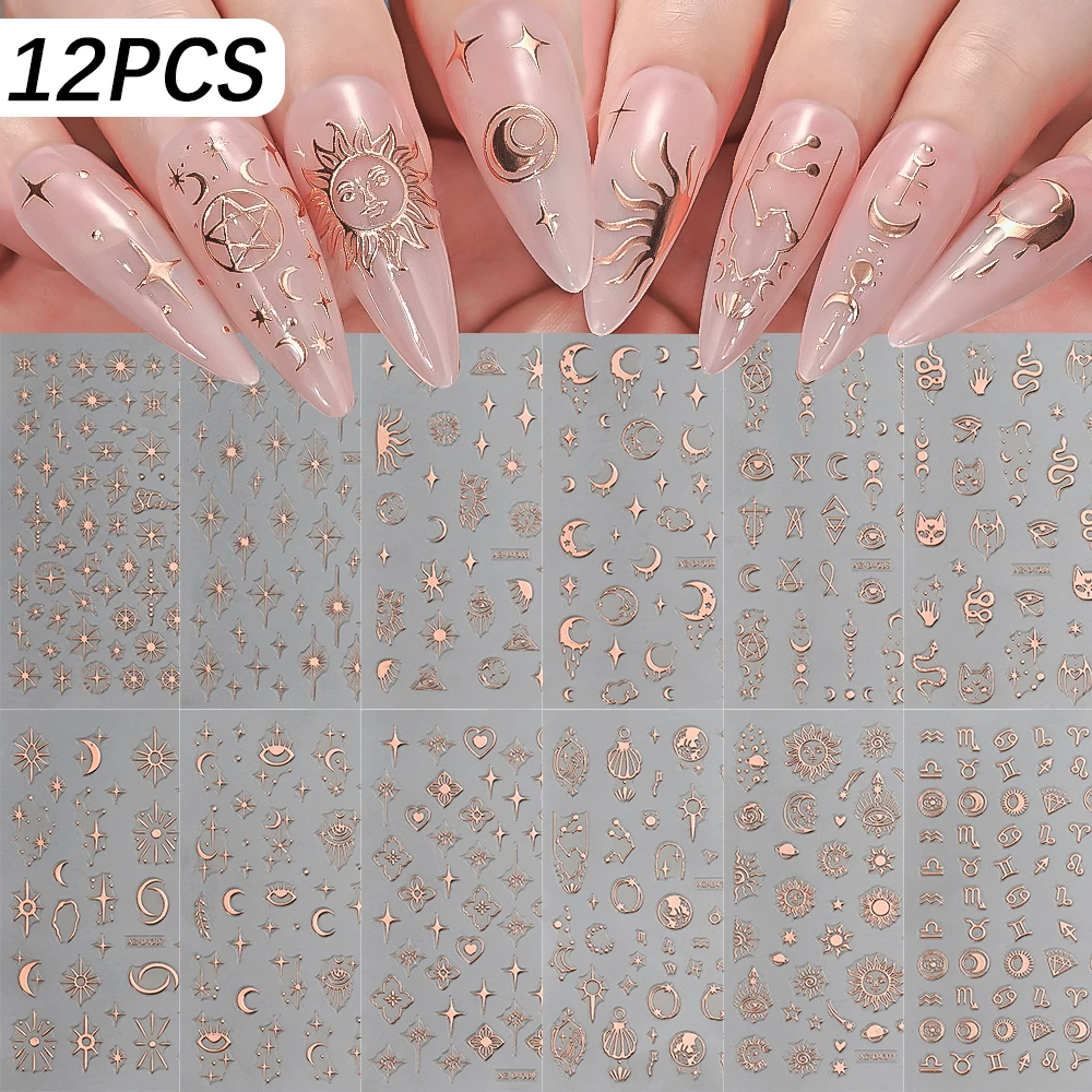 

12Pcs/set Star Moon Sun Bohemian Nail Stickers 10*8cm Rose Gold Shiny Starlight Self Adhesive Nails Decal Exotic Totem Stickers—