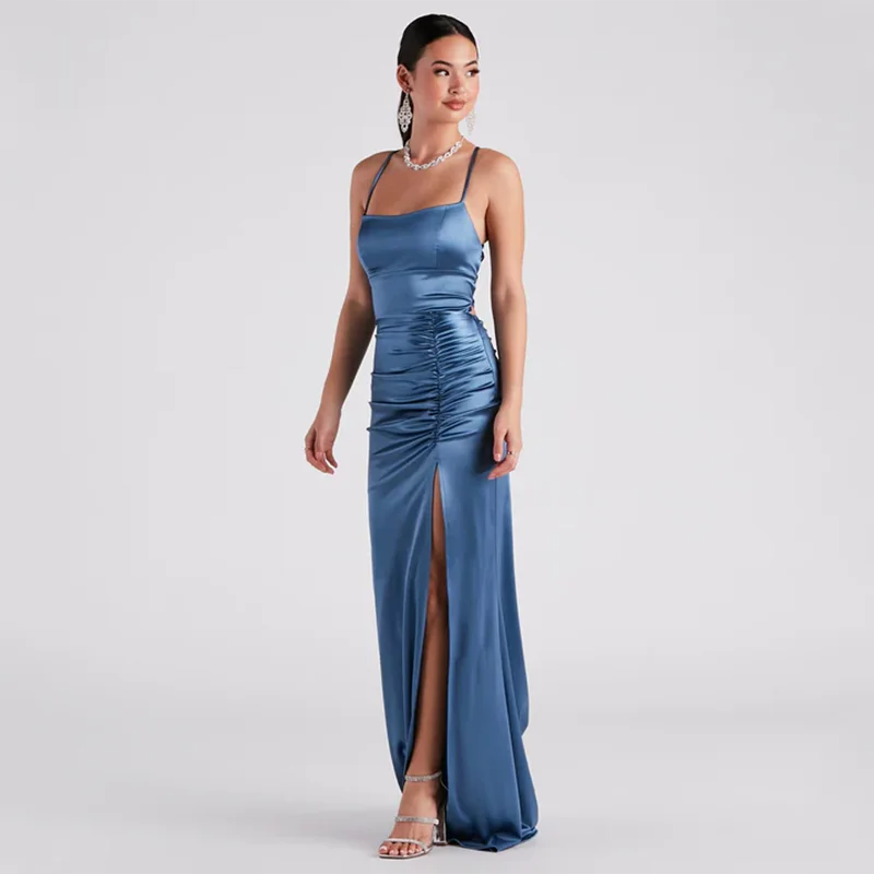 

BLUE Spaghetti Straps Mermaid Formal Prom Dresses Satin Ruched Slit Evening Gown Women's Lace-up Open Back Vestido De Noche