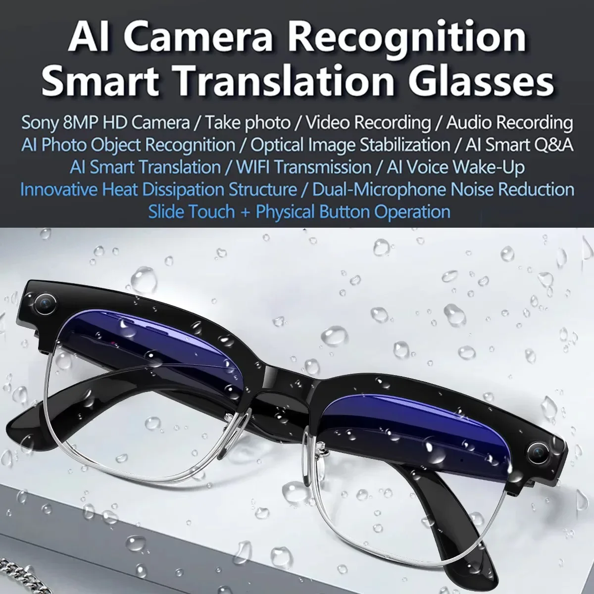 AI Translation Smart Glasses Enhanced AI Camera Recognition EIS Anti-shake 3D Stereo Surround Sound Dual Mic for Multimedia Use
