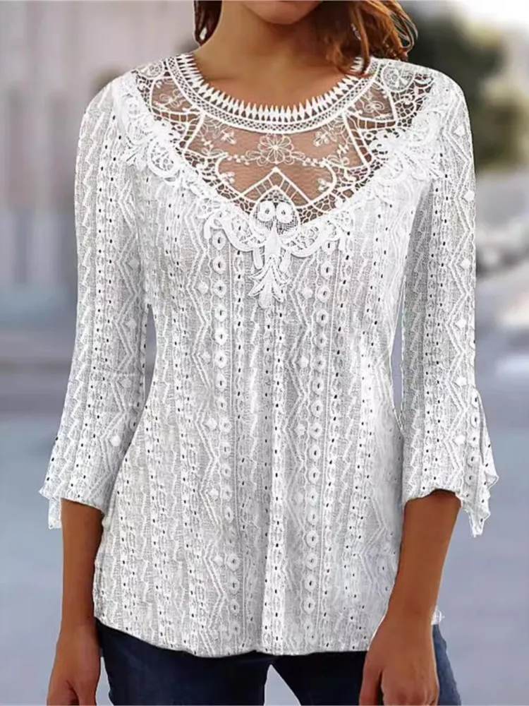 

2026 Spring Summer New Lace Tops T Shirt O Neck Women's Elegant Casual Fashion Solid Flare Sleeve Hollow Out T Shirts Tshirts