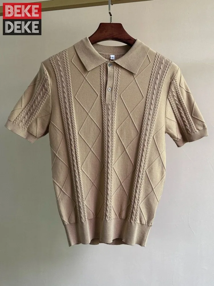 

Summer Business Office Men Casual Breathable Knitted T Shirt Short Sleeve Lapel Pullover Tees Tops Vintage Male Fashion T Shirts
