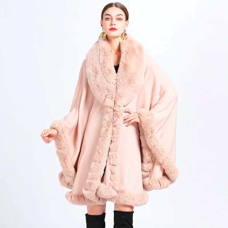 

Elegant V Lapel Faux Fur Coat Cape Winter Women Big Long Shawl Fashion Solid Color Winter Thickening Warm Overcoat Hot Sale