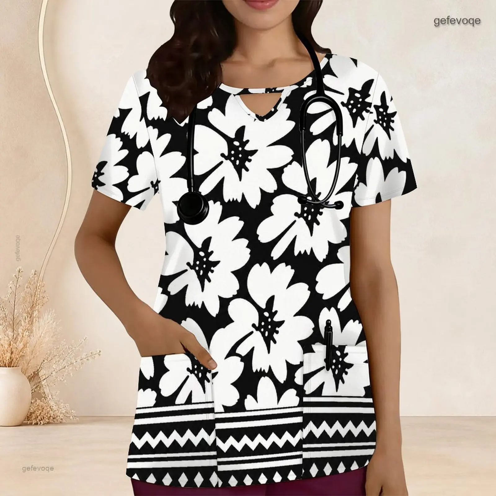 Women Scrub Top with Print Keyhole Neck Short Sleeve Front Pockets