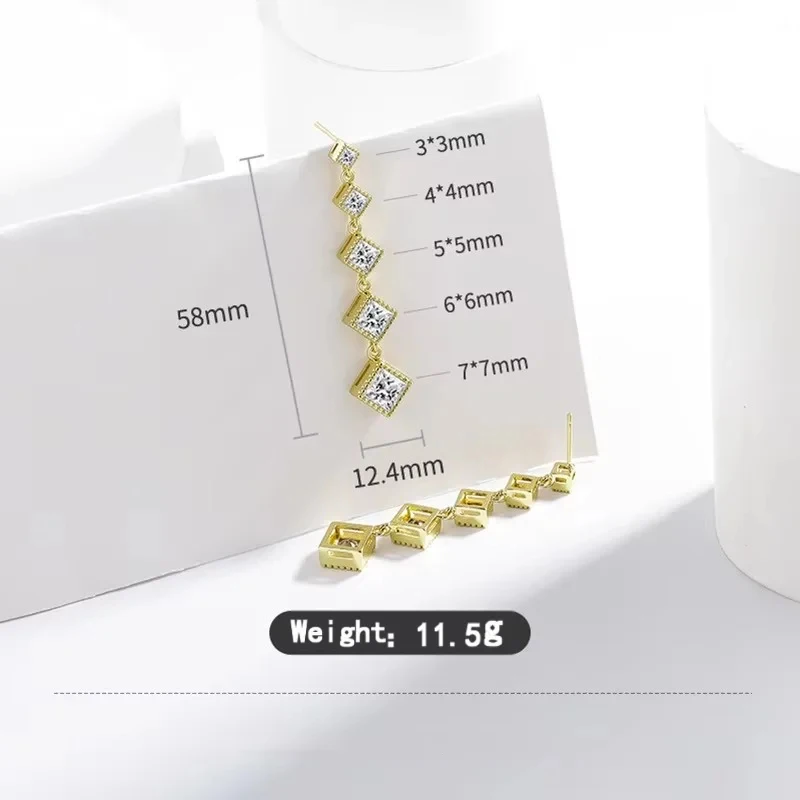 

New square-shaped high-end diamond-set AAA zirconia 925 sterling silver earrings for women - high-quality pierced ear jewelry wi