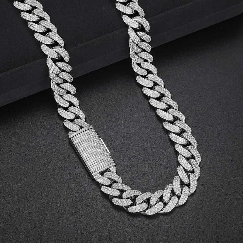 Dropshipping Bling Hip Hop Jewelry Gift 15mm 925 Sterling Silver Vvs Moissanite Iced Out Cuban Link Chain Necklace for Men