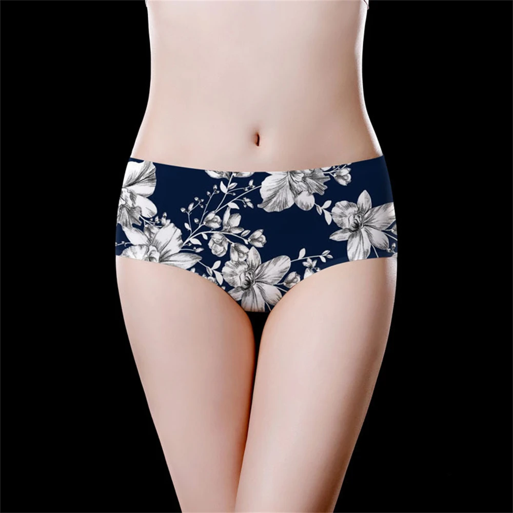 

1 шт., бесшовное женское нижнее белье из ледяного шелка с принтом, милые и милые треугольные брюки со средней талией для девочек, дышащие и телесные ощущения