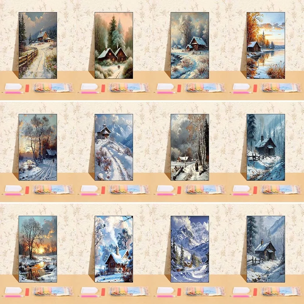 

5D Diamond Painting Full Drill Round Mosaic Winter Snow Mountain House Landscape Picture Of Rhinestone Wall Decoration For Home