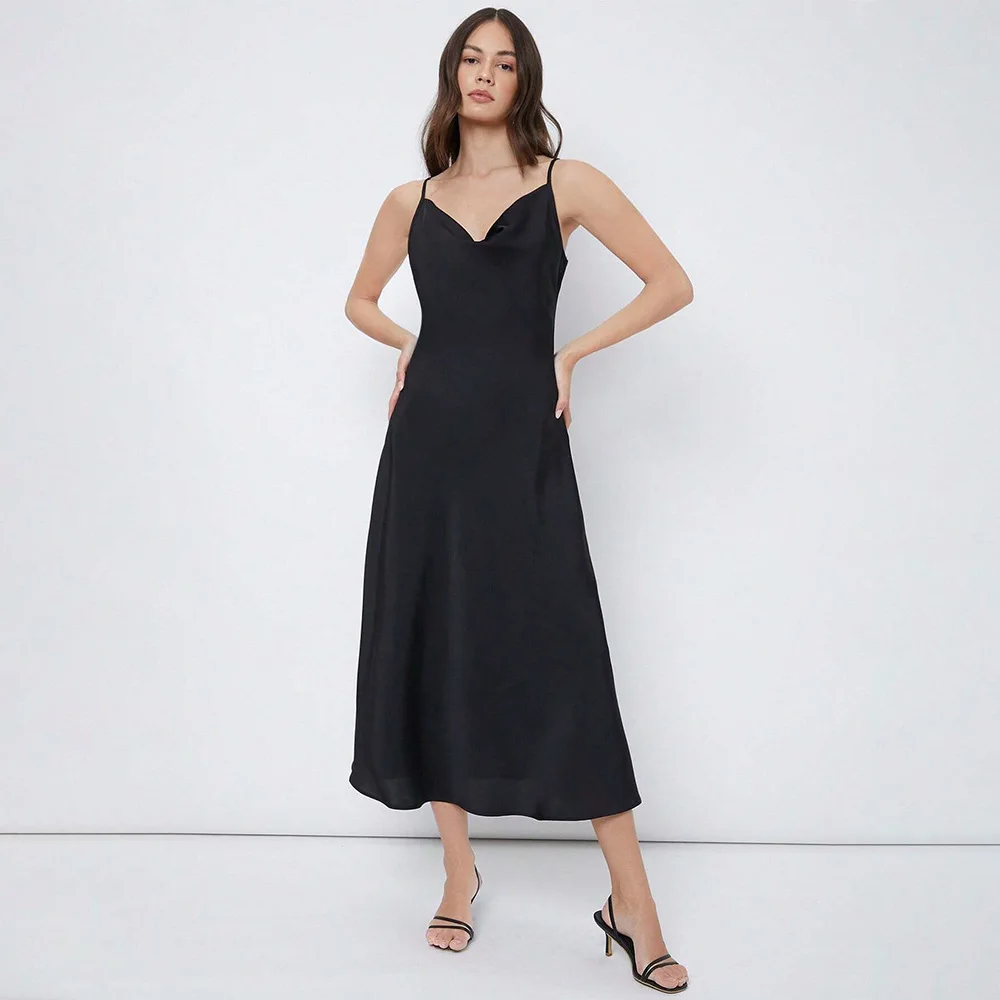 

2025 New Swinging Collar Glossy Satin Party Strap Dress Long Skirt