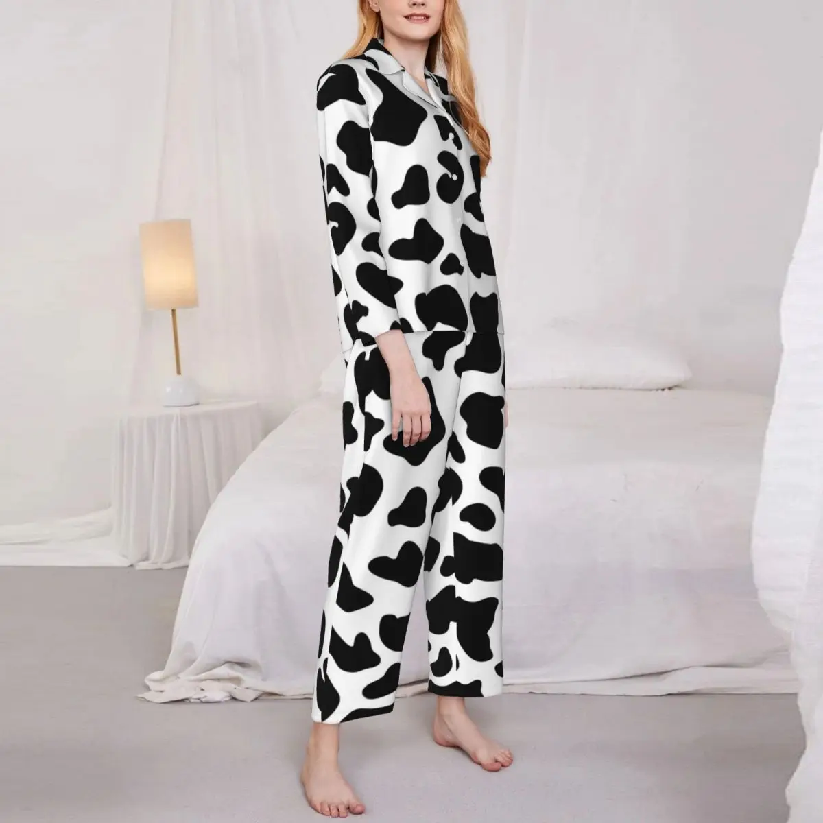 Cow Print Pajama Set Autumn Farm Animal Cute Home Sleepwear Women 2 Pieces Retro Oversized Pattern Nightwear Birthday Present