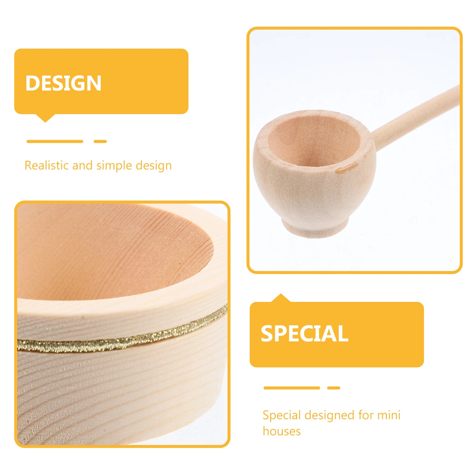 

3 Sets Decoration Mini Wooden Bowl Spoon Unfinished for Dollhouse Kitchen Playset Small Bowls