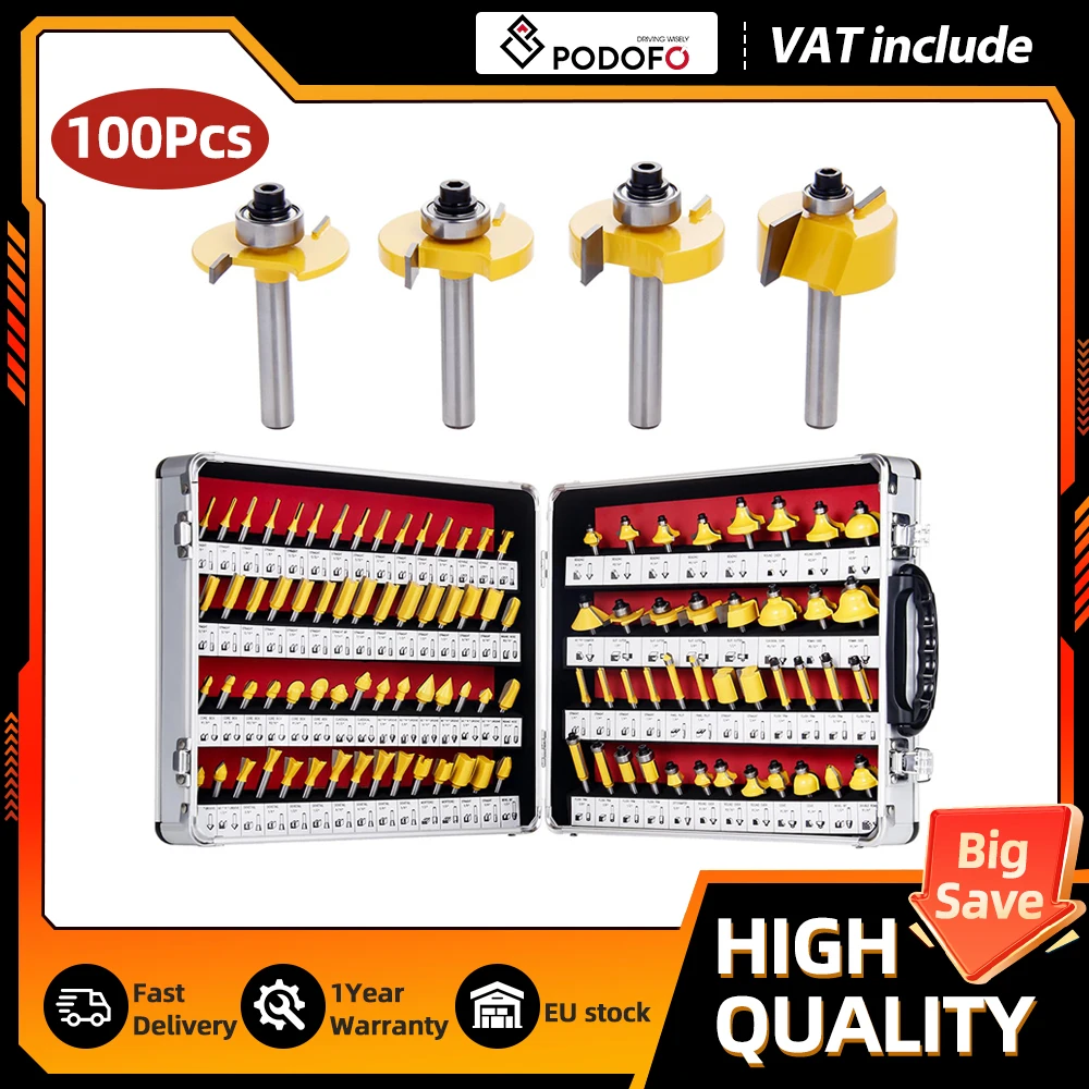 Juego de Brocas para Fresadora de Madera Podofo, 100 Piezas, Vástago de 1/4'', Carburo de Tungsteno, con Caja de Almacenamiento de Aluminio para Manualidades