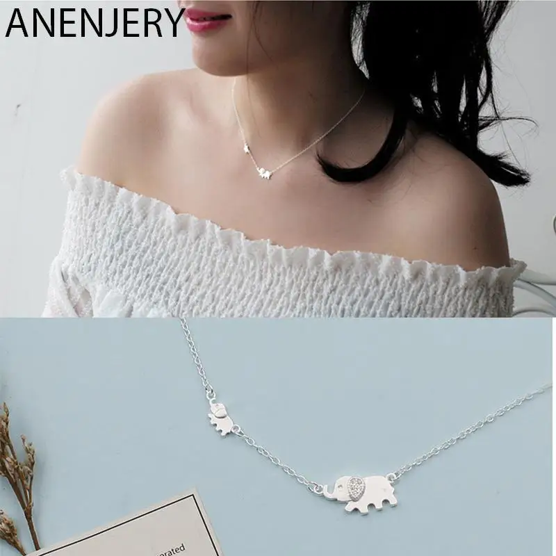 ANENJERY Silver Color Cute Elephant Necklace Women Clavicle Chain choker collar Mother's Day Gift  S-N342