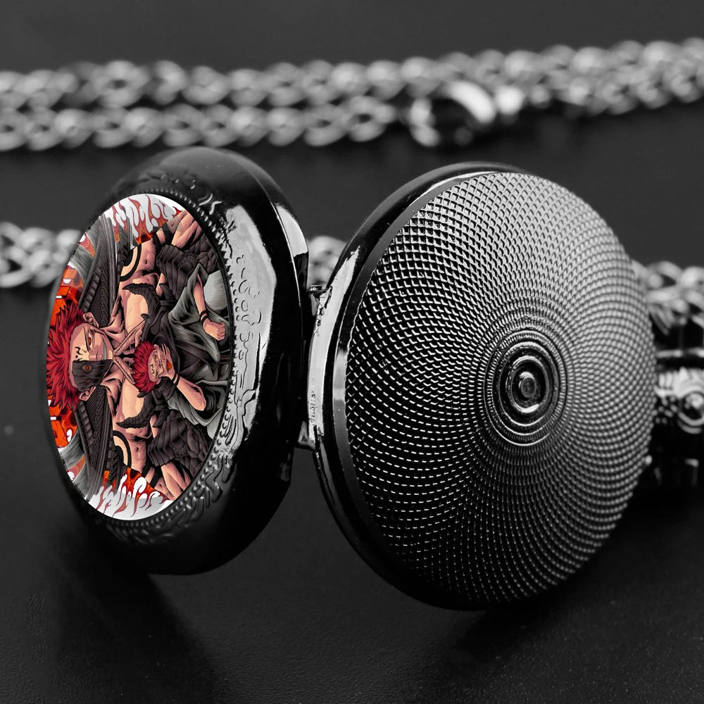 Ryomen Sukuna Glass Dome Black Quartz Pocket Watch with Arabic Numerals Dial and Durable Chain Gift for Men Women