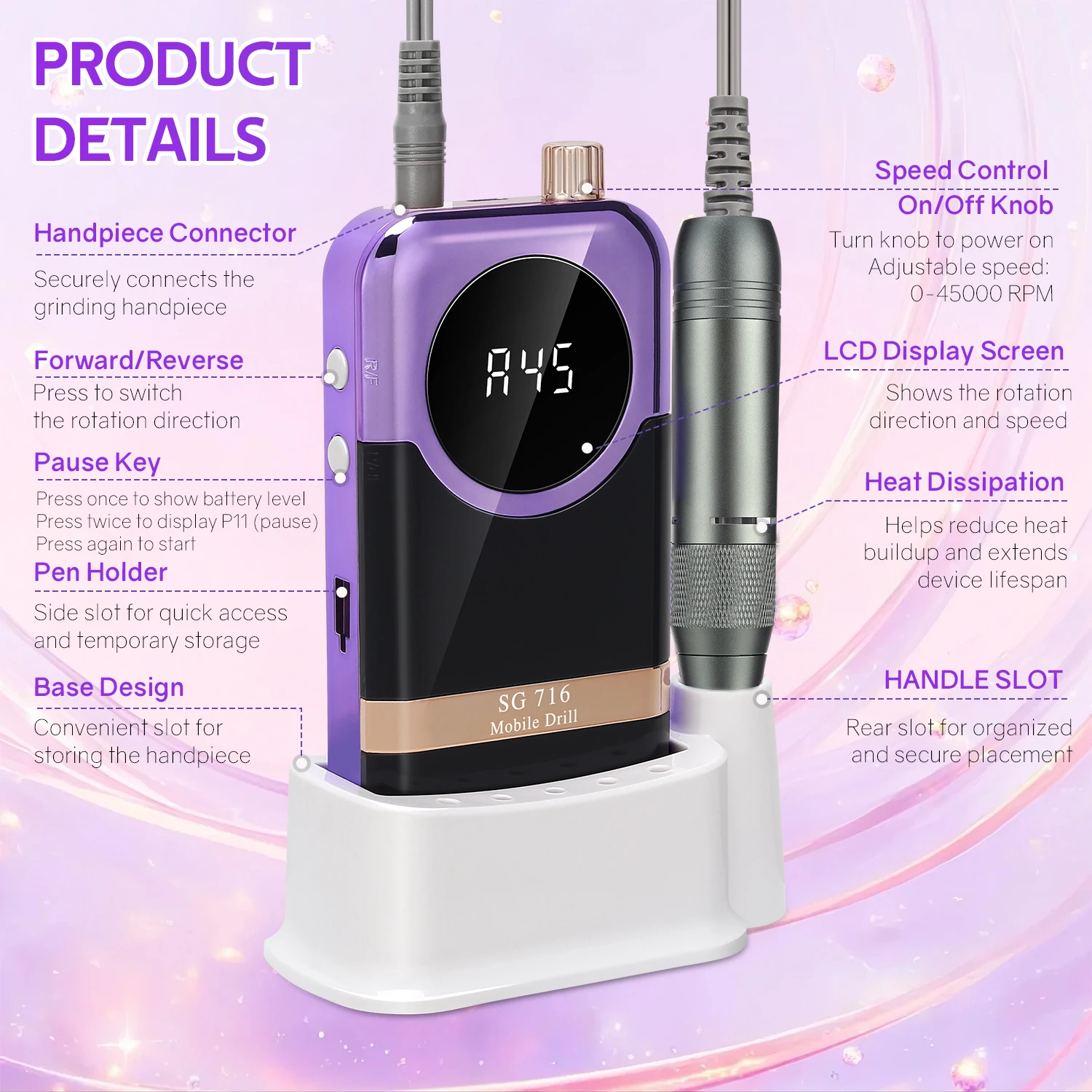 DianaBeauty 45000RPM ชาร์จเครื่องเจาะเล็บเดสก์ท็อปเครื่องขัดแฟ้มเล็บไฟฟ้า 1800mAh แบตเตอรี่เล็บเครื่องมือ