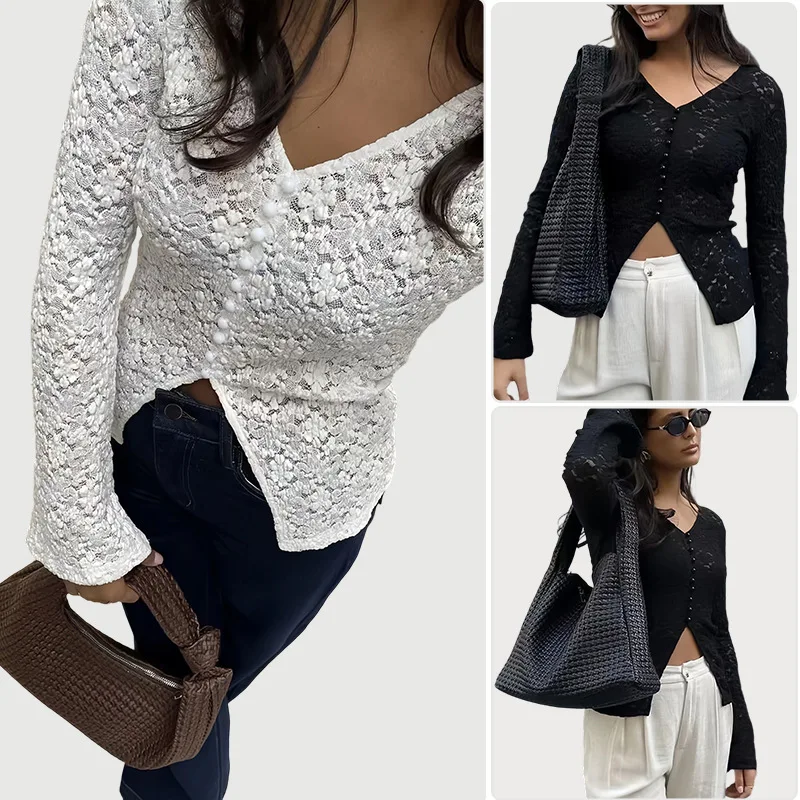 

V-Ne Hollow out Cardigan Top Thin Women's Cross-Border Sle Belly-Baring Long Sve CleanFit PU Leather Lace/Silk Blend