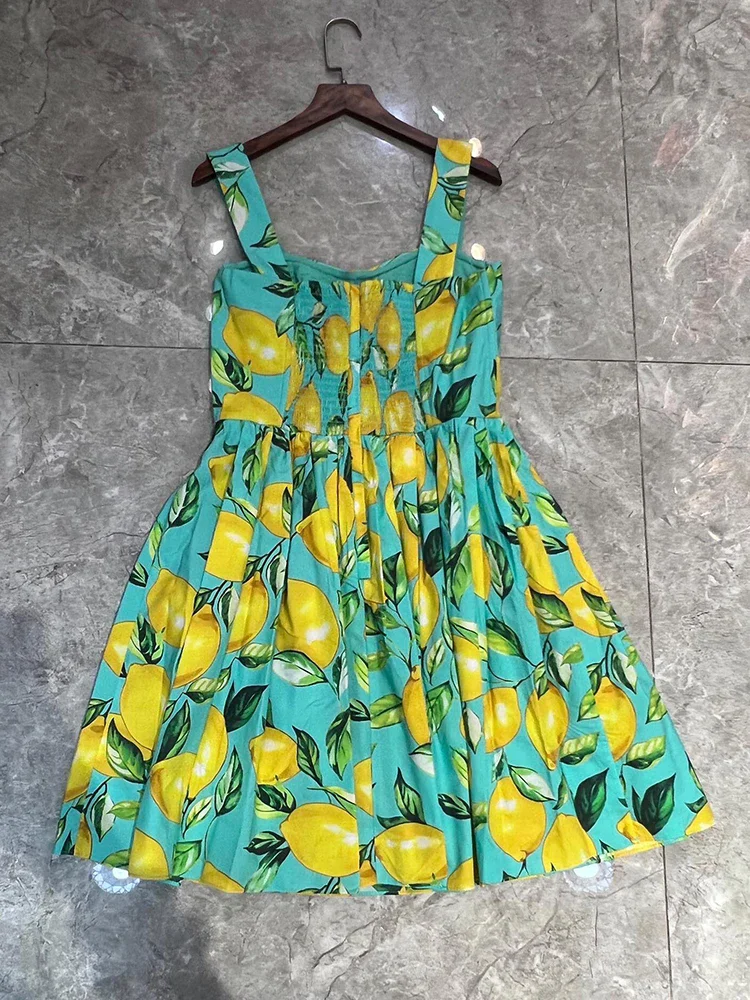 JUNLINNA 100% Cotton Lemon Printing Dress Summer Beach Holiday Spaghetti Strap Above Knee Vestidos Sweet Wear