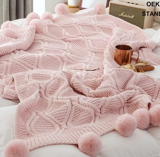 

High Quality Chenille Knitted Ball Blanket Nordic Decorative Air Conditioning Sofa Blanket Cover Solid Pattern