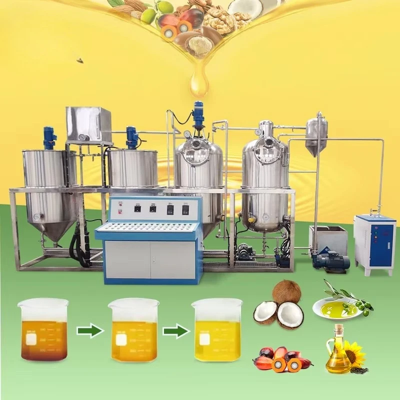 ماكينة تكرير زيت الطعام الأوتوماتيكية الصغيرة الحجم 50 لترًا، نبات خط كامل مع مزيل الروائح الكريهة لزيت نخيل الزيتون والفول السوداني