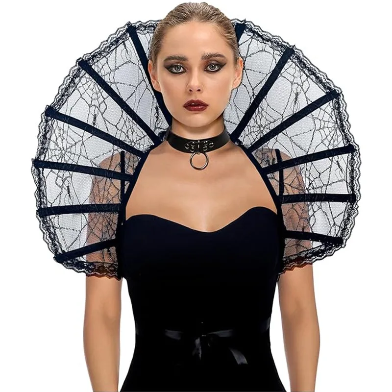 Gothic Witch Queen Velvet Skeleton Lace Stand-Up Collar Cape Costume Accessories Party Easter Halloween Props