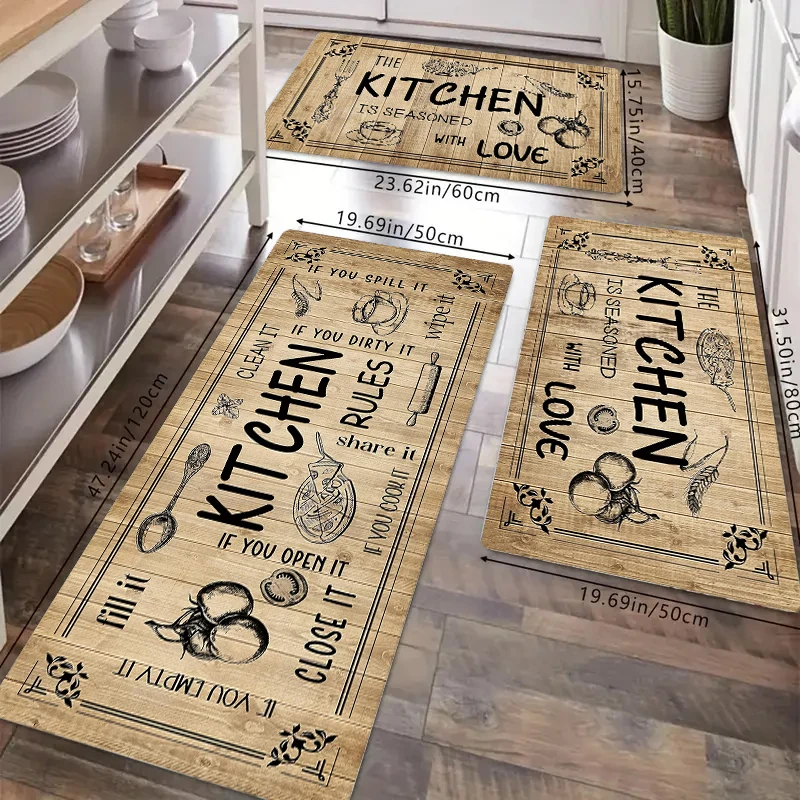 

Kitchen Mat with Kitchen Letters Printed Wood Grain Flannel Material Rug Suitable for Bathroom Bedroom