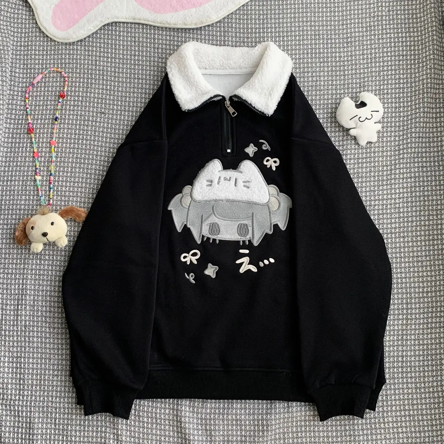 Cool Style Women's  Neck Sweatshirt Long Sleeve Splicing Outerwear Autumn Winter Y2K Cute Moe Series Straight Tube T-shirt
