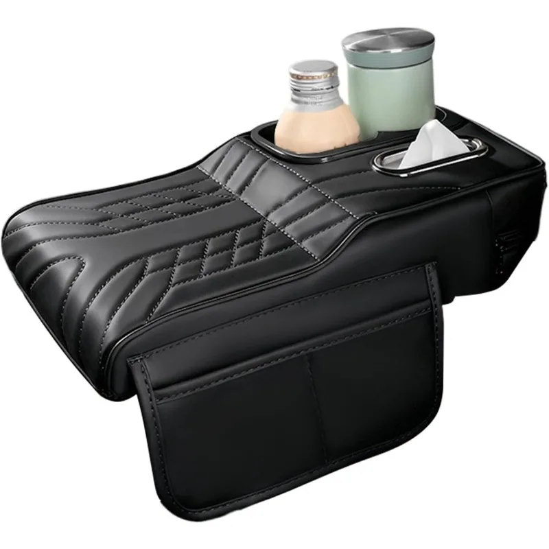 Car Armrest Cushion Leather Protective Cover Pad Multifunctional Center Console Cover with Tissue Holder Cup Slot Side Pockets