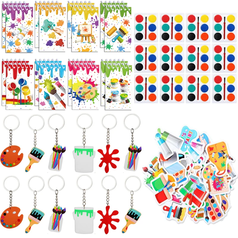 

86Pcs Paint Party Favors Kids Birthday Mini Watercolor Paint Painting Notepads KeyChains Art Party Gifts Classroom Supplies