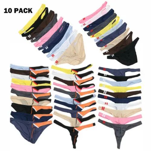 10PCS/Lot Sexy Mens Underwear Low Waist Comfy Ice Silk Smooth Underpants G-String Gay T-Back Thongs Sexy Jockstrap Bikini Briefs