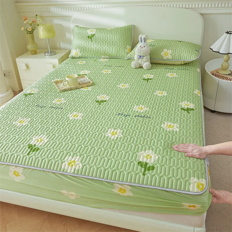 Natural Latex Thicken Cooling Mat for Summer Soft Skin Friendly Printed Mattress Protector Single Double Anti Slip Fitted Sheet